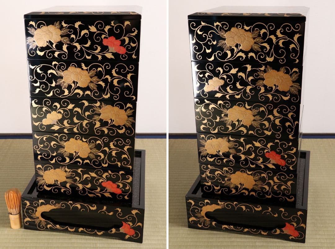 時代 牡丹唐草金蒔絵 黒塗 梨地 五段重 重台 桔梗紋 松鶴 共箱【MA120】