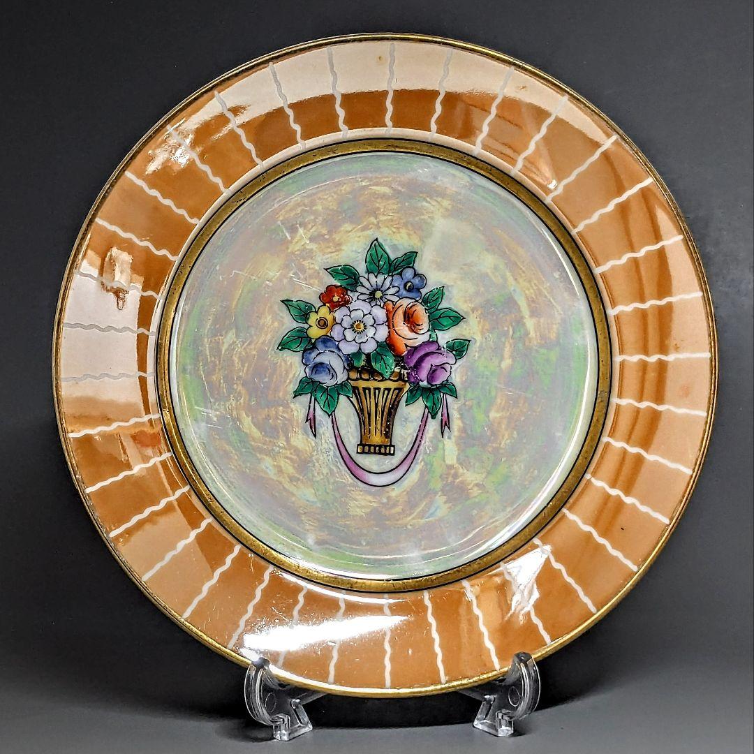 オールドノリタケ アールデコ期大銘品！金彩虹ラスター花籠絵図キャビネット トリオ