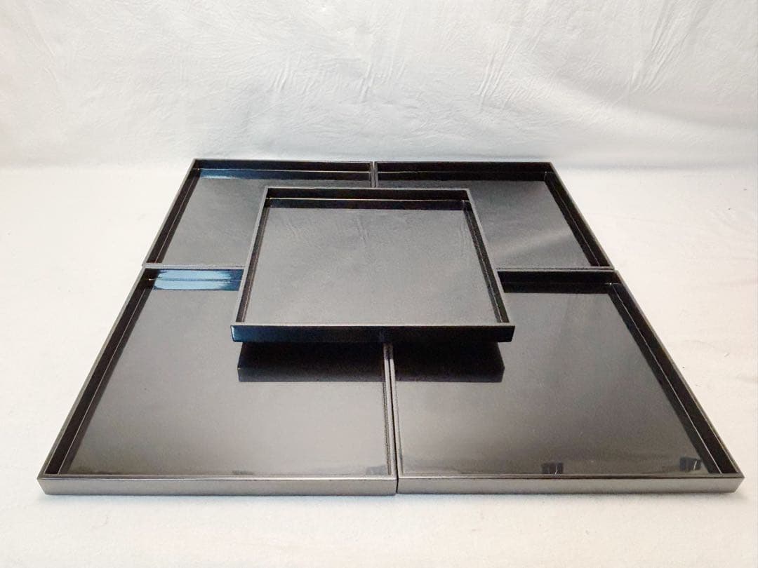 未使用 懐石道具 塗師 真斉作 利休好 木製黒真塗 折敷膳 会席膳 5客揃 共箱