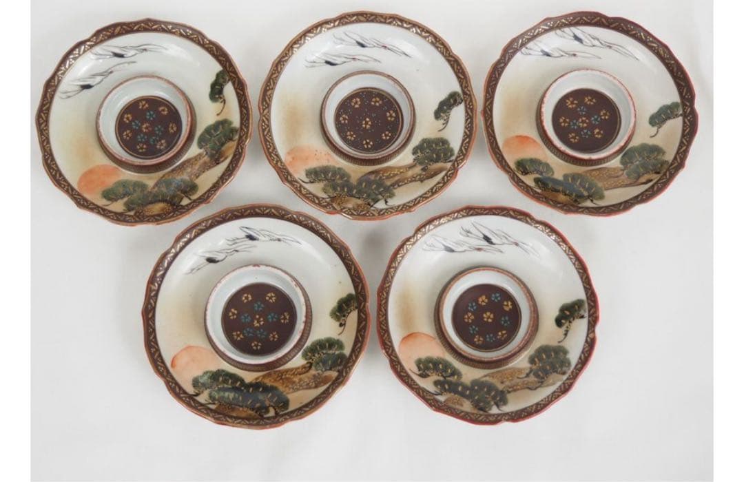 送料無料 明治～大正九谷焼 手描き松鶴紋杯台/盃台5客 完品無傷の通販