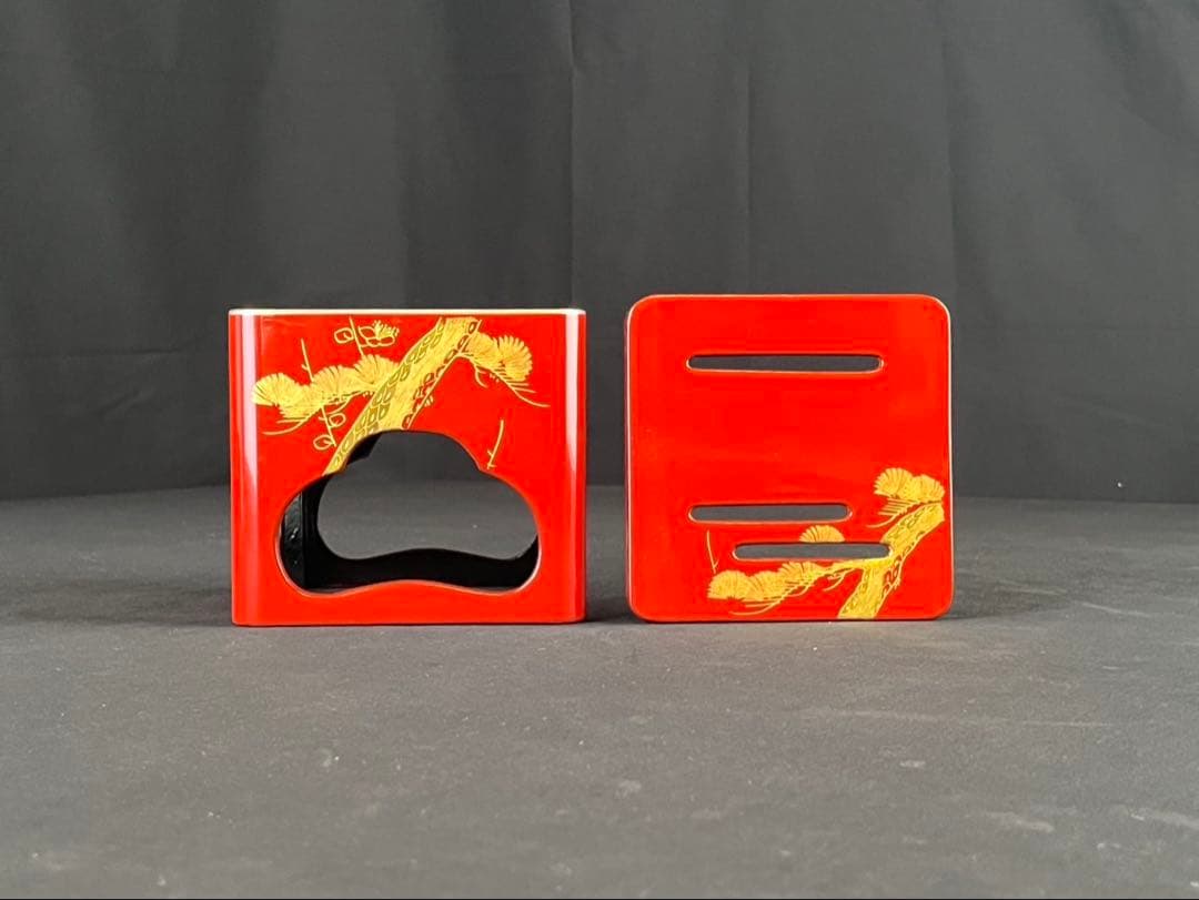 朱塗 屠蘇器・重箱セット 木製漆器 松竹梅 沈金 縁起柄 長寿 共箱