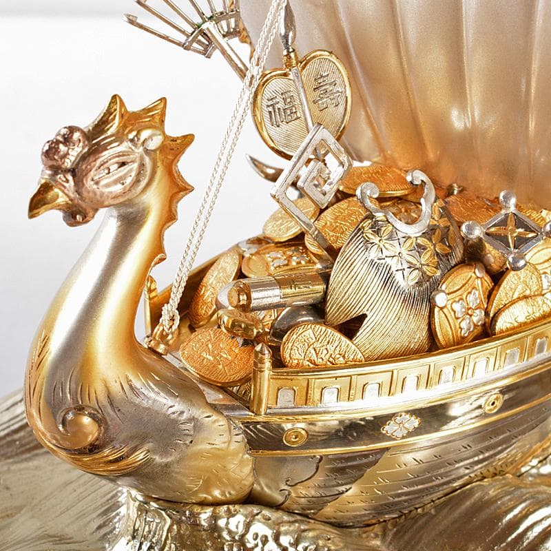 銀製 宝船 置物 ガラスケース 時代箱付 F R5380B