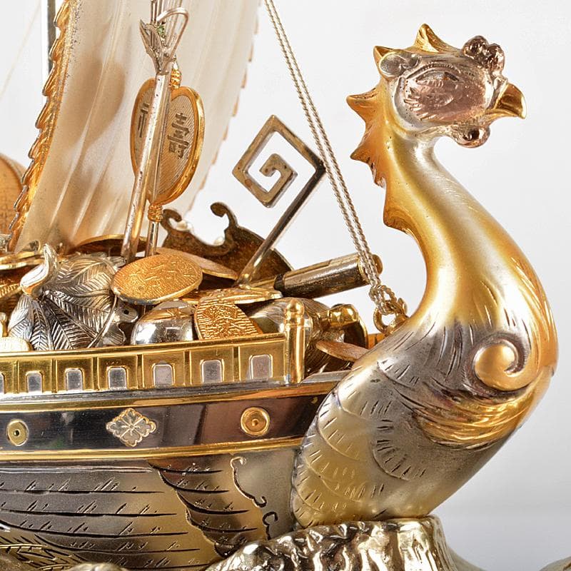 銀製 宝船 置物 ガラスケース 時代箱付 F R5380B