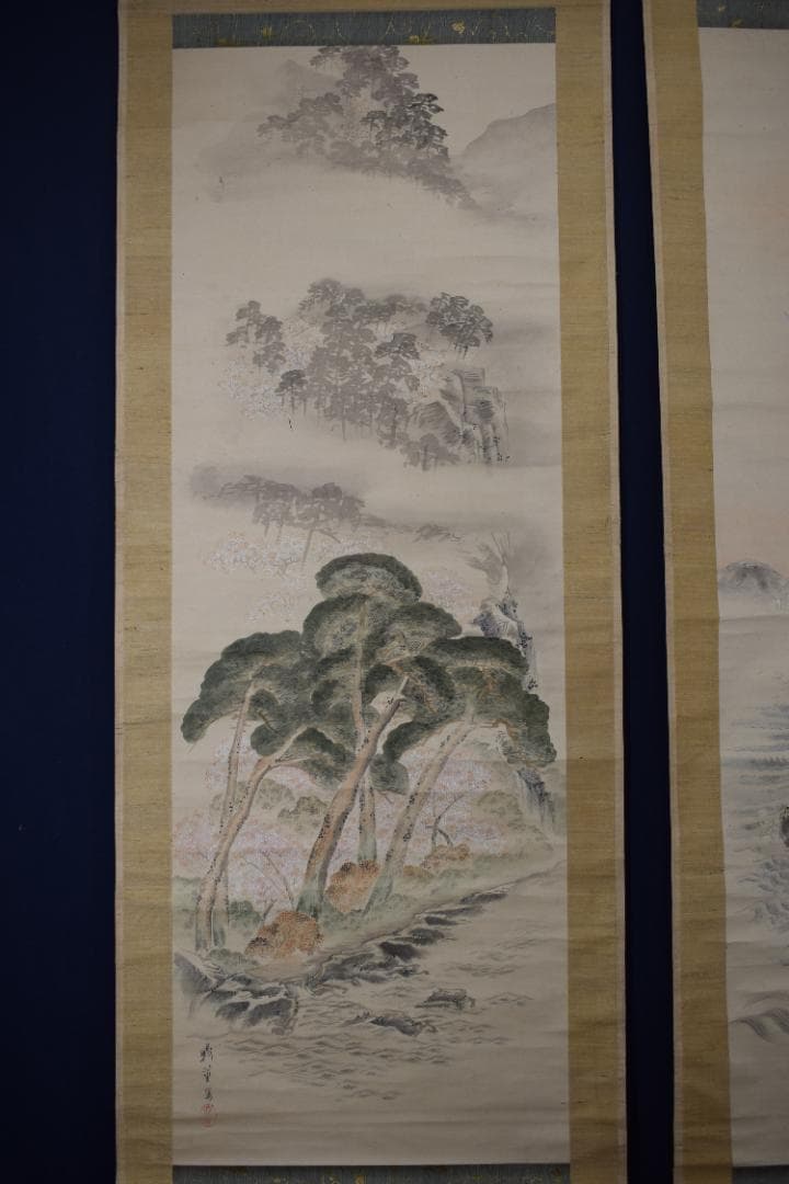 真作】柴田義薫/春景嵐山山水図/高砂之図/双幅/掛軸☆宝船