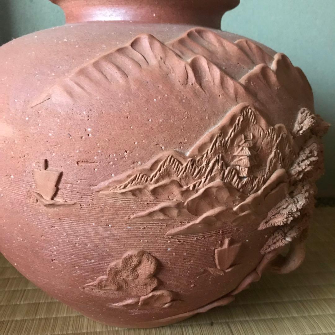 希少 特大 信楽焼 紫郎作 山水 立体 彫刻 丸壺 花瓶