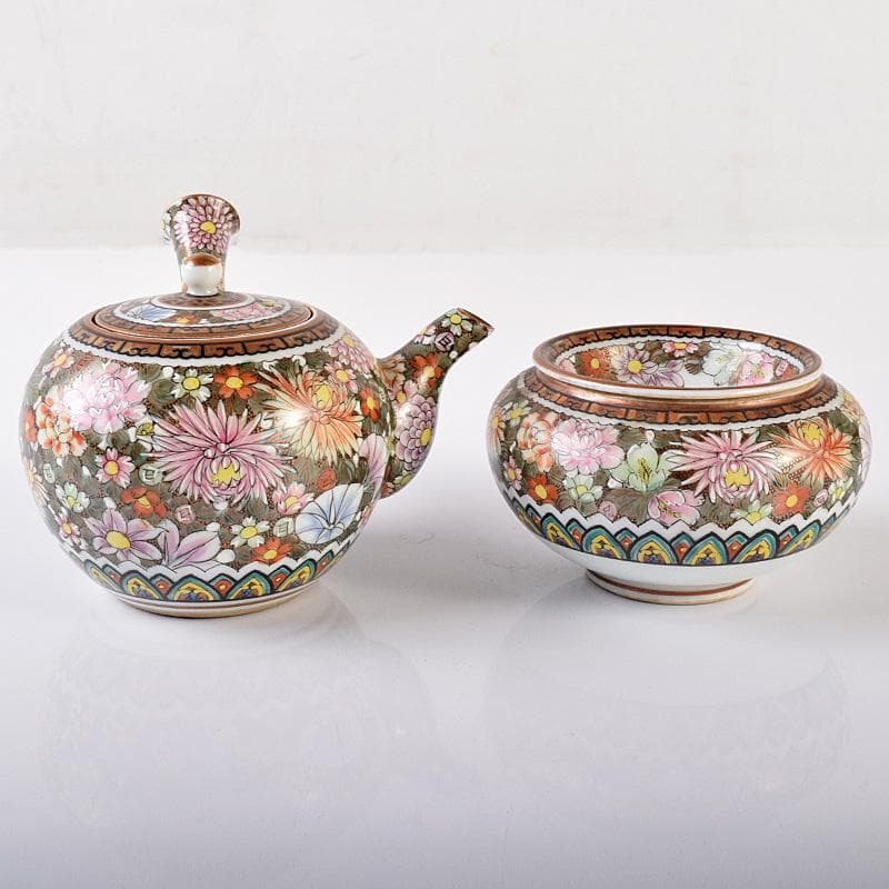 ぶりぶり煎茶道具　九谷焼　長寿造　色絵金彩　百花文　茶器揃　K　R8034