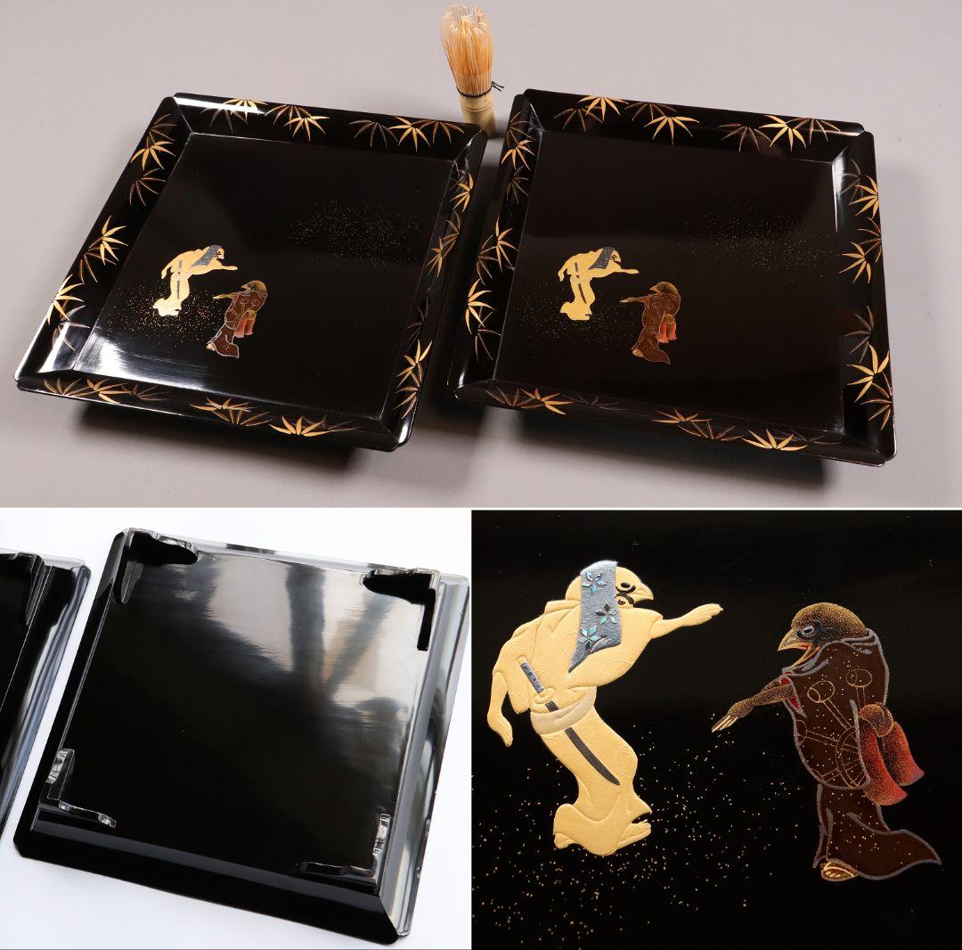 MA172 時代木製漆器 擬人化雀舞 金蒔絵 黒塗 足付吸物膳