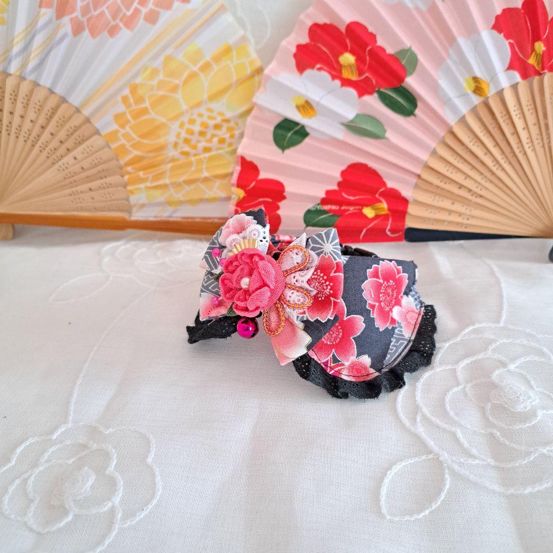 つまみ細工(黒×ピンク)わんちゃん猫ちゃん用襟つき首輪