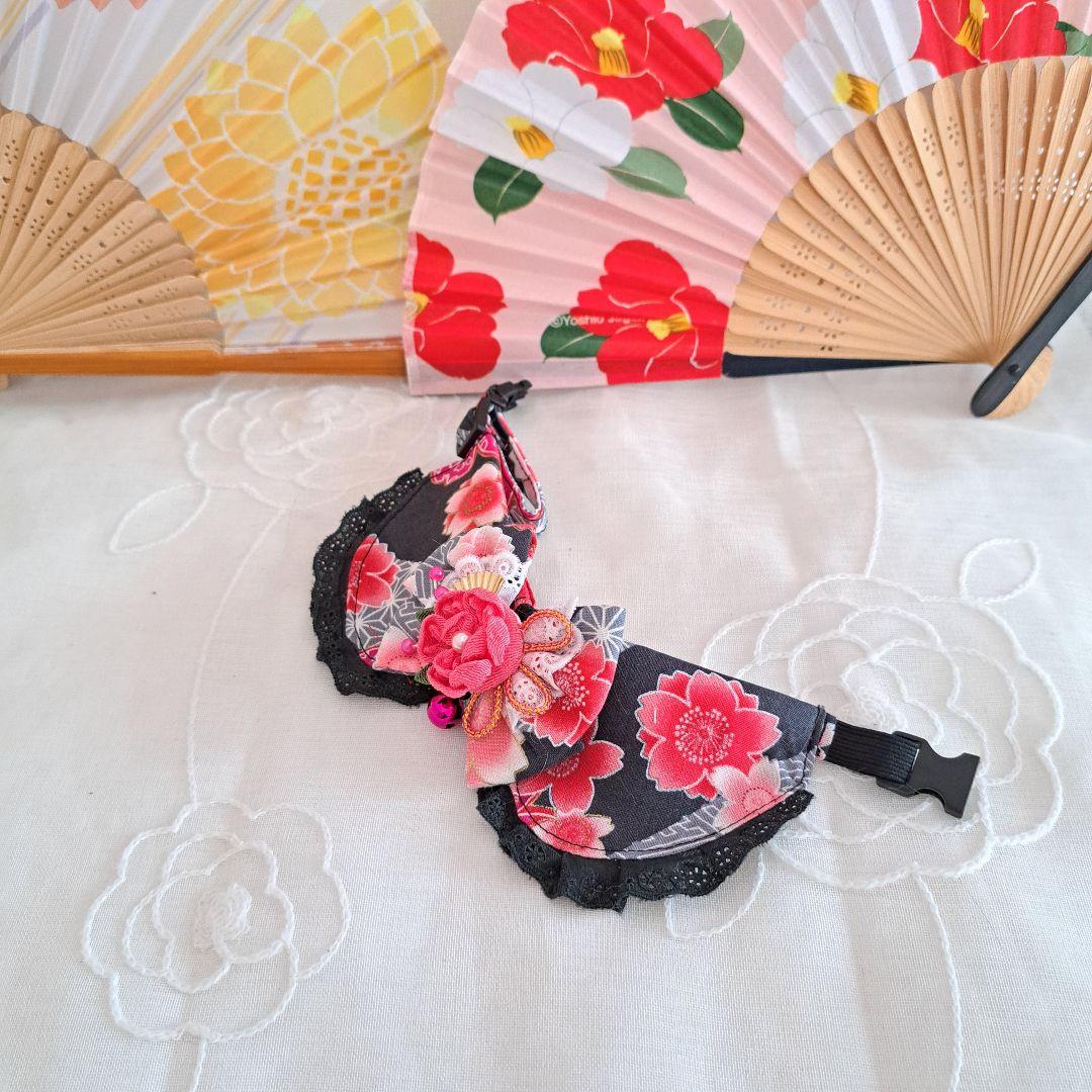 つまみ細工(黒×ピンク)わんちゃん猫ちゃん用襟つき首輪