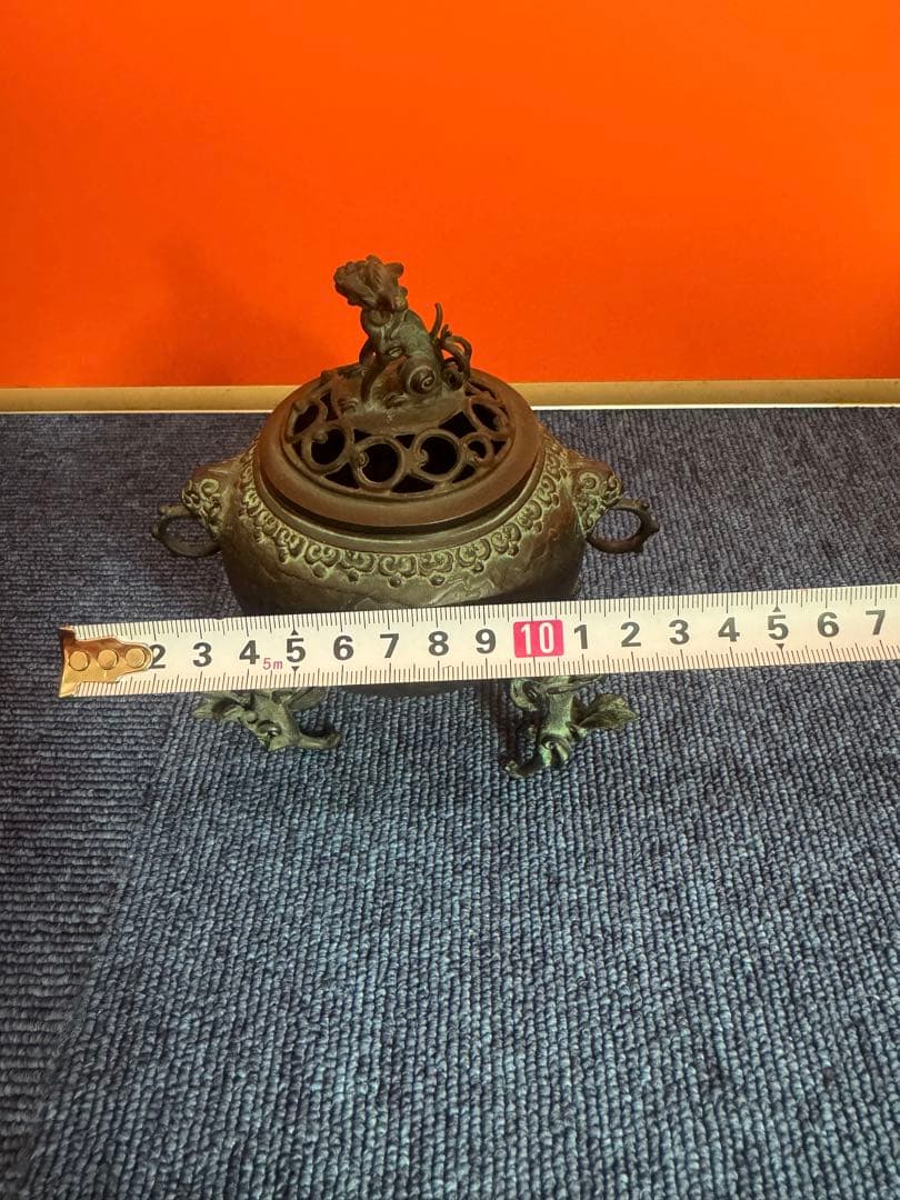 1817 高岡銅器 須賀七郎作 月芳 蝋型鋳銅 三獅子 香炉 時代物
