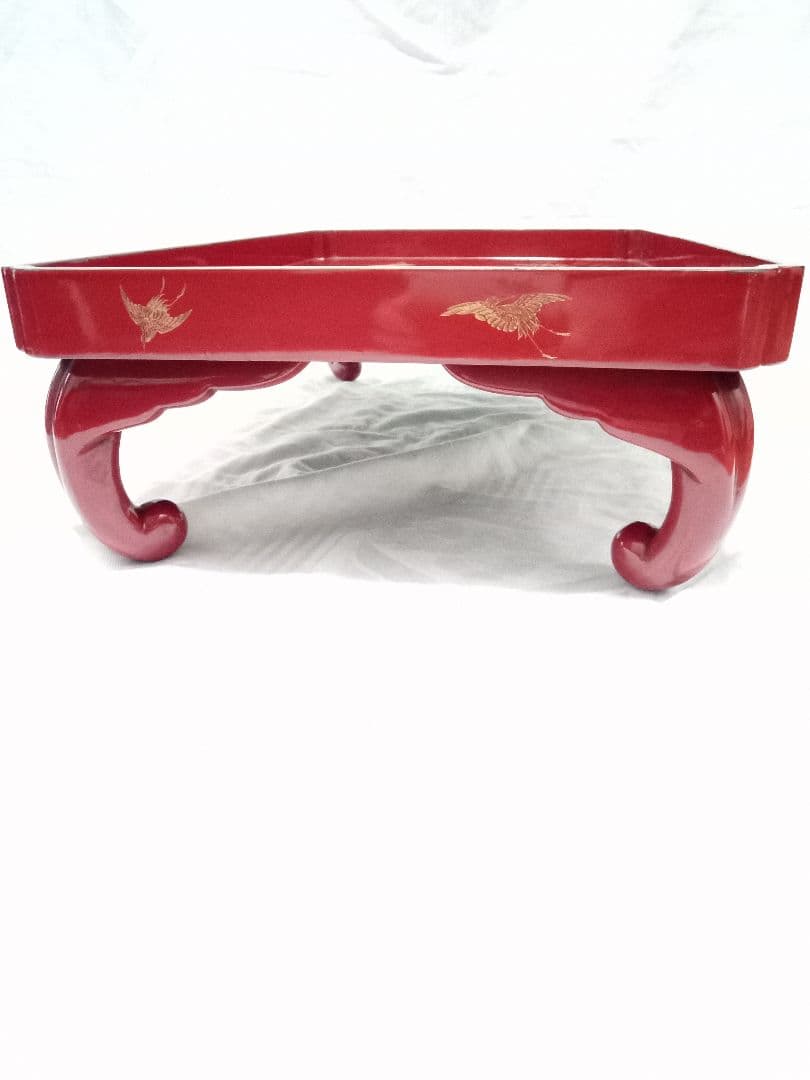 古い お膳 金彩 木製 四足 鶴亀柄 朱塗 漆器 アンティーク