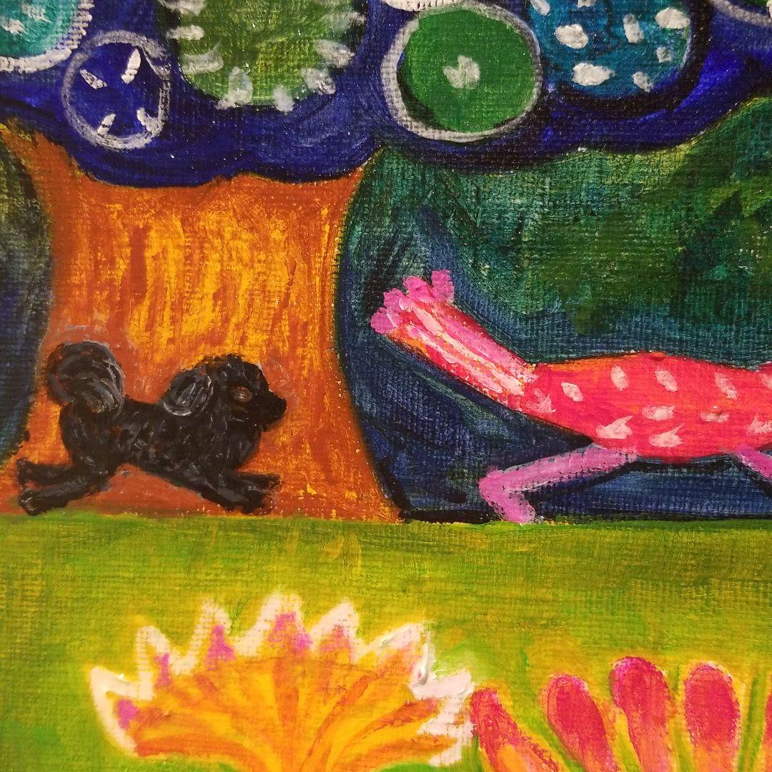 油絵 H様専用 ひつじさんと友だちの楽しい帰り道 わんこも一緒♪ 横長