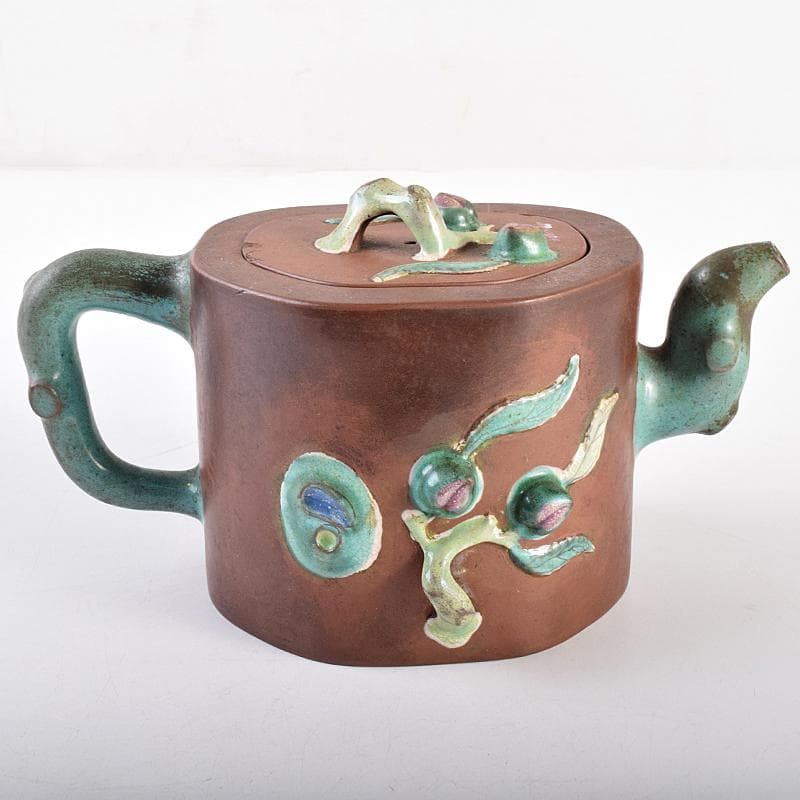 中国　宣興紫砂銘　紫砂　朱泥　色絵桃文　急須　茶壷　D　R7722 中国 中国宣興銘 紫砂 朱泥 急須 茶壷 V R8233