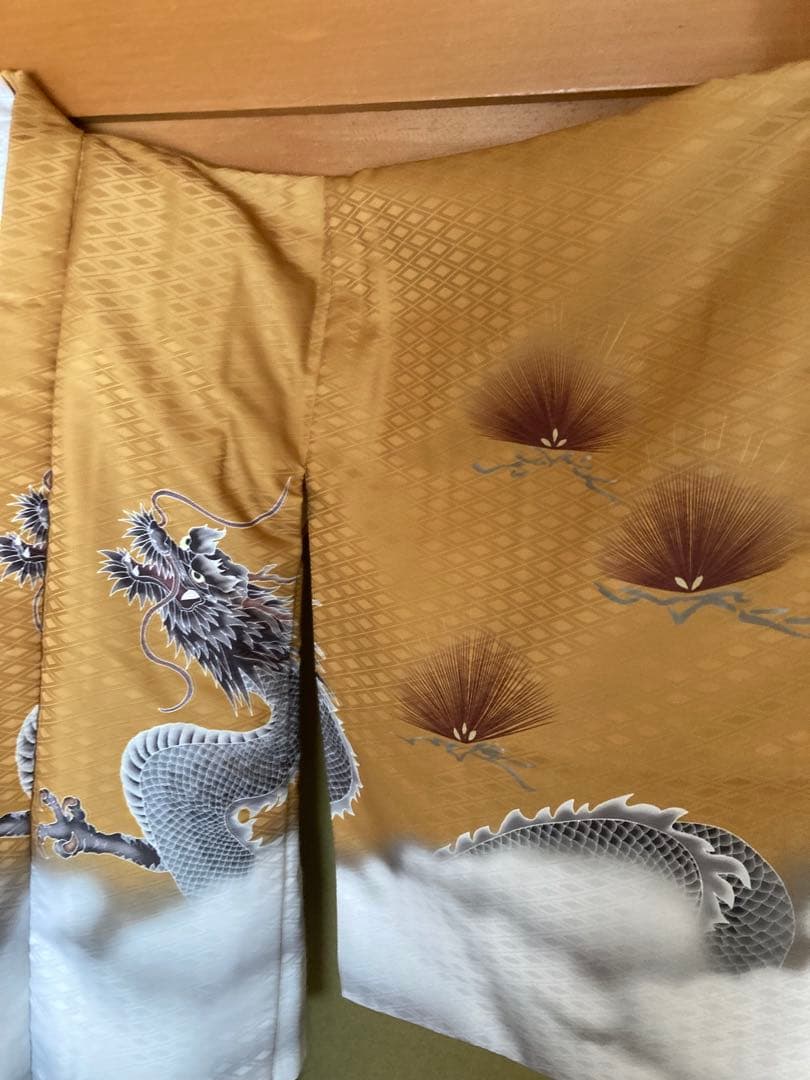 京越卸屋　七五三 着物セット 12点 鷹龍-金茶-藍鼠袴　男の子 5歳