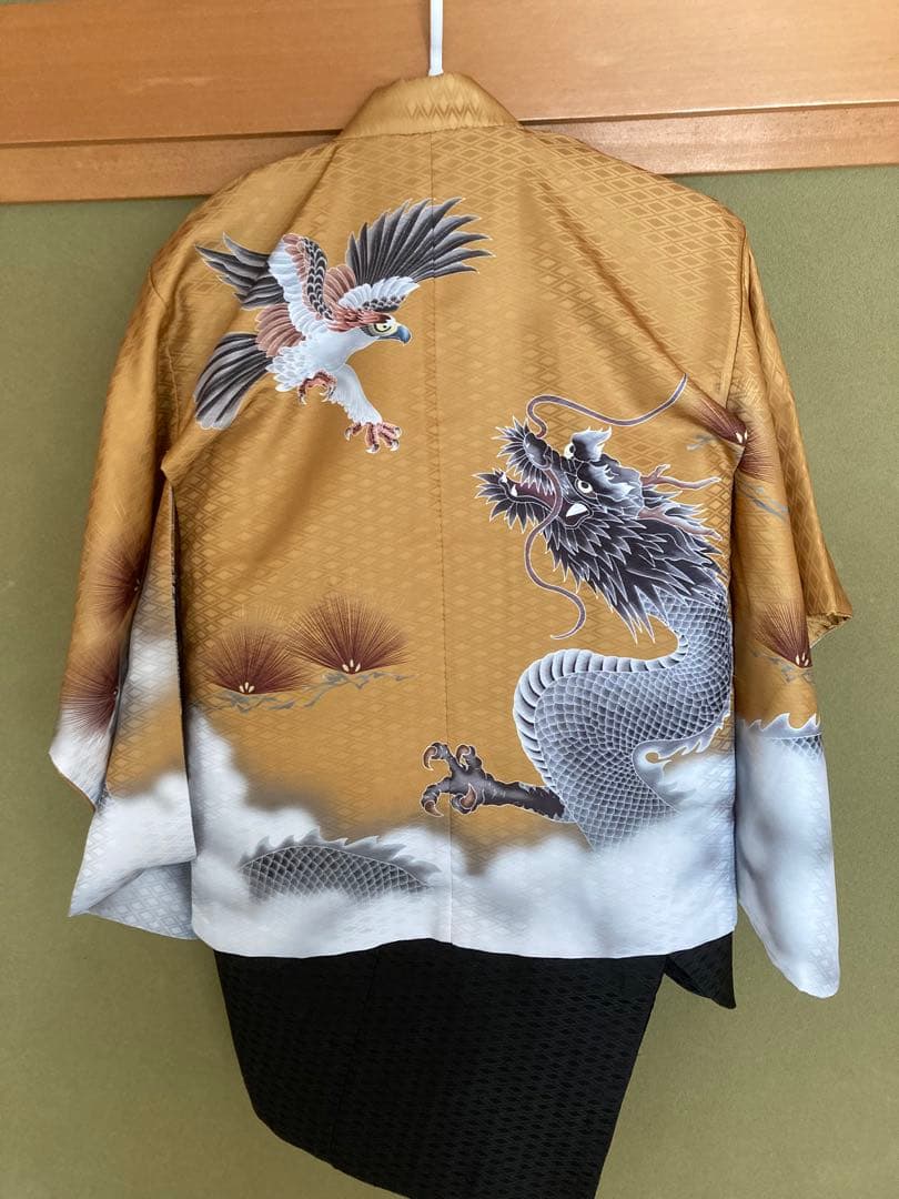 京越卸屋　七五三 着物セット 12点 鷹龍-金茶-藍鼠袴　男の子 5歳