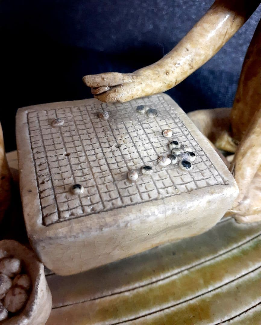 珍品】時代物 織部焼 織部釉 河童(カッパ)の囲碁打 飾り物 オブジェ