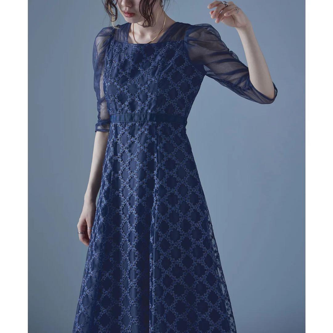 新品　エトル　ドリードール　フラワーダイアゴナルチェックフレアドレス　ネイビー 新品エトルドリードールフラワーダイアゴナルチェックフレアドレスネイビー