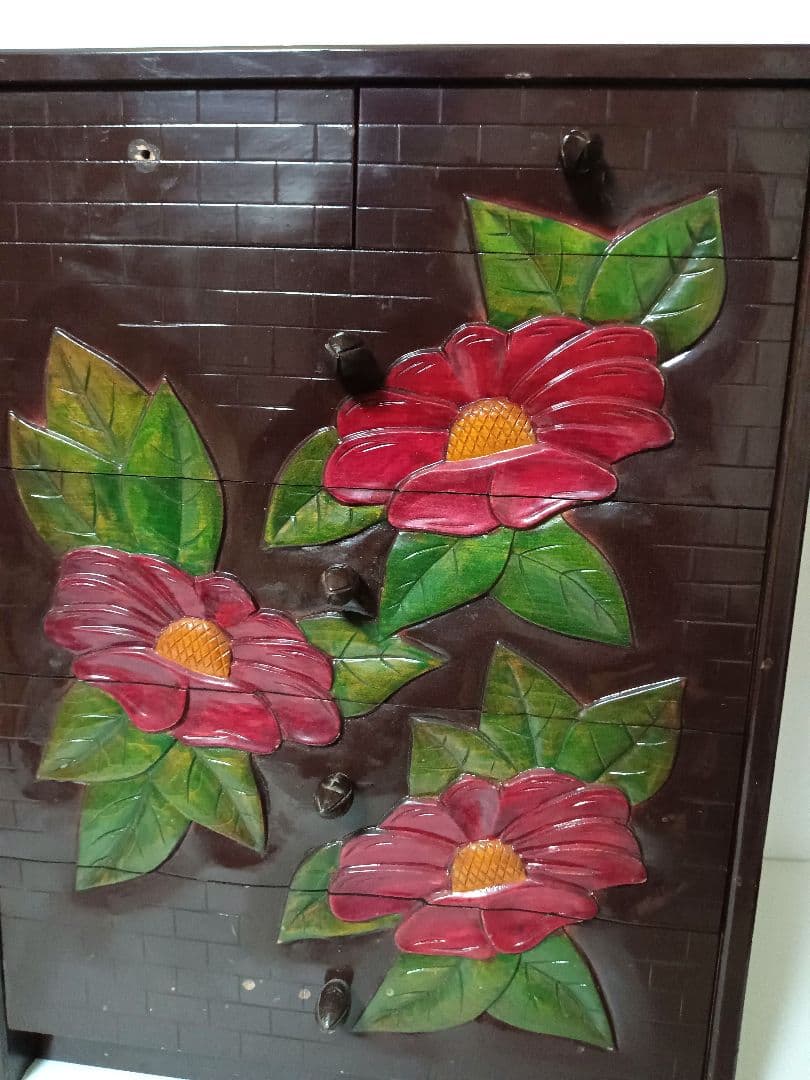 鎌倉彫り 椿 ツバキ ミニ箪笥 5段式 引き箪笥 ミニタンス 和箪笥 木製