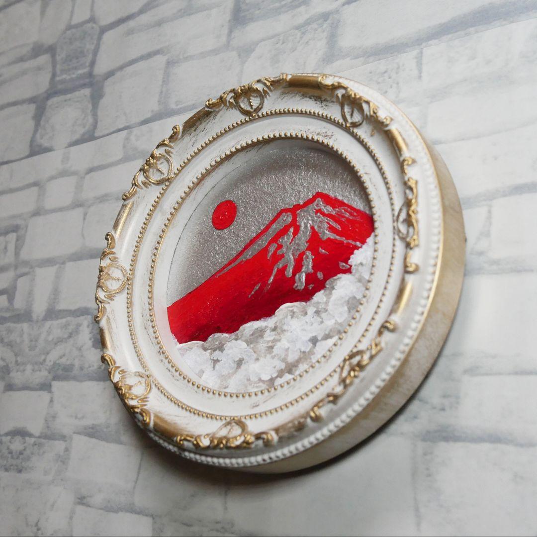 油彩画 円形ミニ絵画「赤富士」 銀の空と白い雲