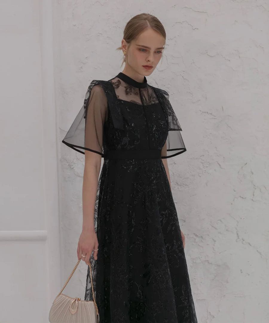 フラップデザインフラワースパンコールAラインワンピースドレス