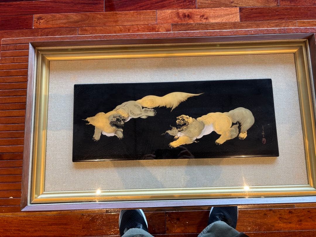 大人気　79cm 金彩 獅子　狛犬　縁起物 開運 福寿 額縁　輪島塗　沈金