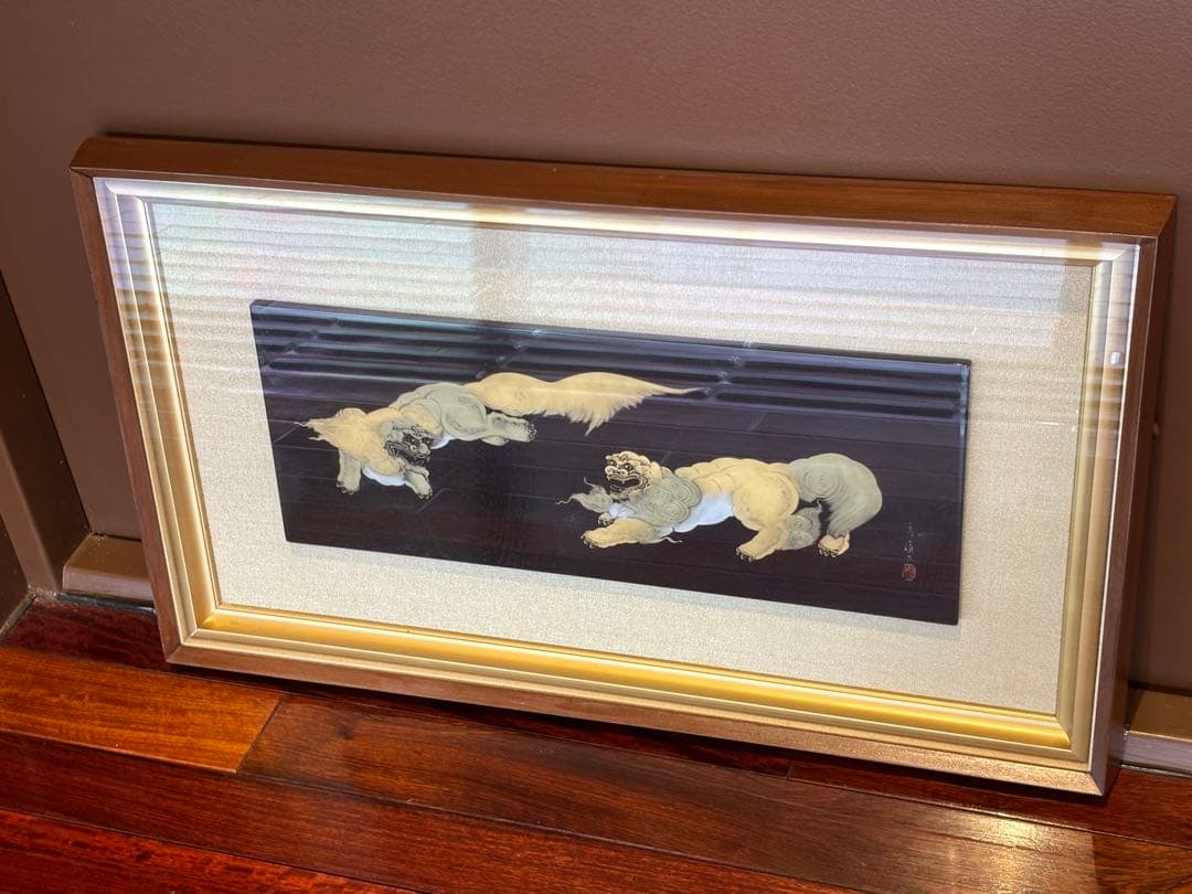 大人気　79cm 金彩 獅子　狛犬　縁起物 開運 福寿 額縁　輪島塗　沈金