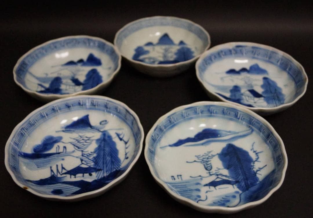 古伊万里焼 染付『山水人物風文』中皿(五客) 皿 茶事/茶道具 懐石道具