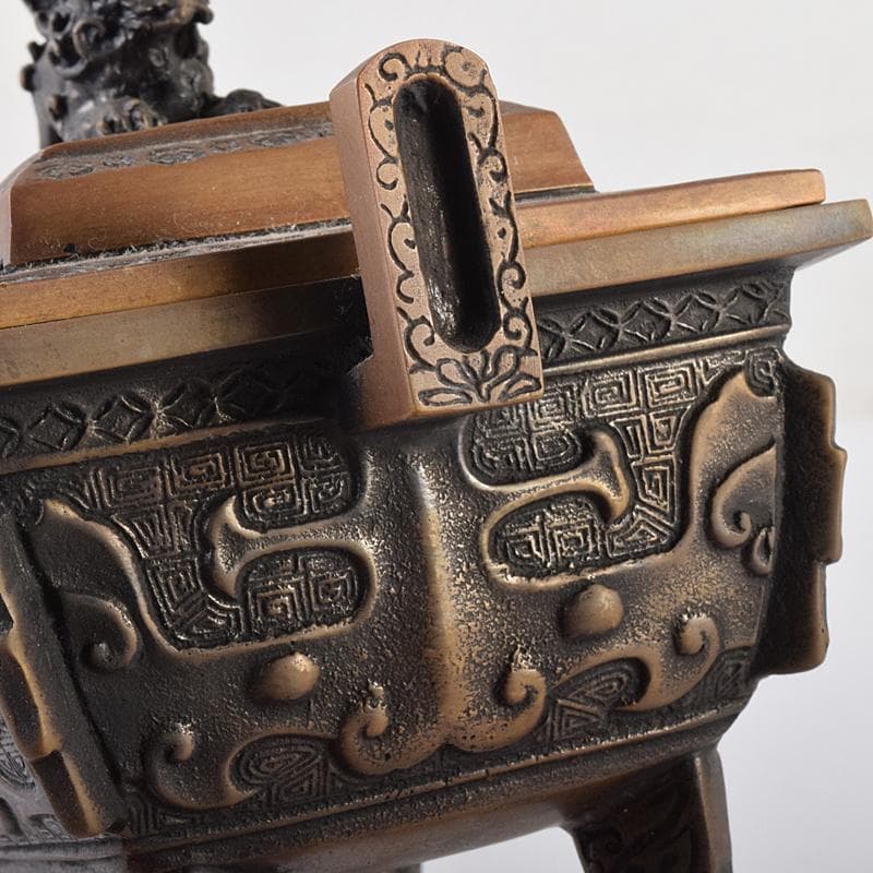 高岡銅器 米田陵山作 鋳銅 獅子摘 四方香炉 鼎 M R7650