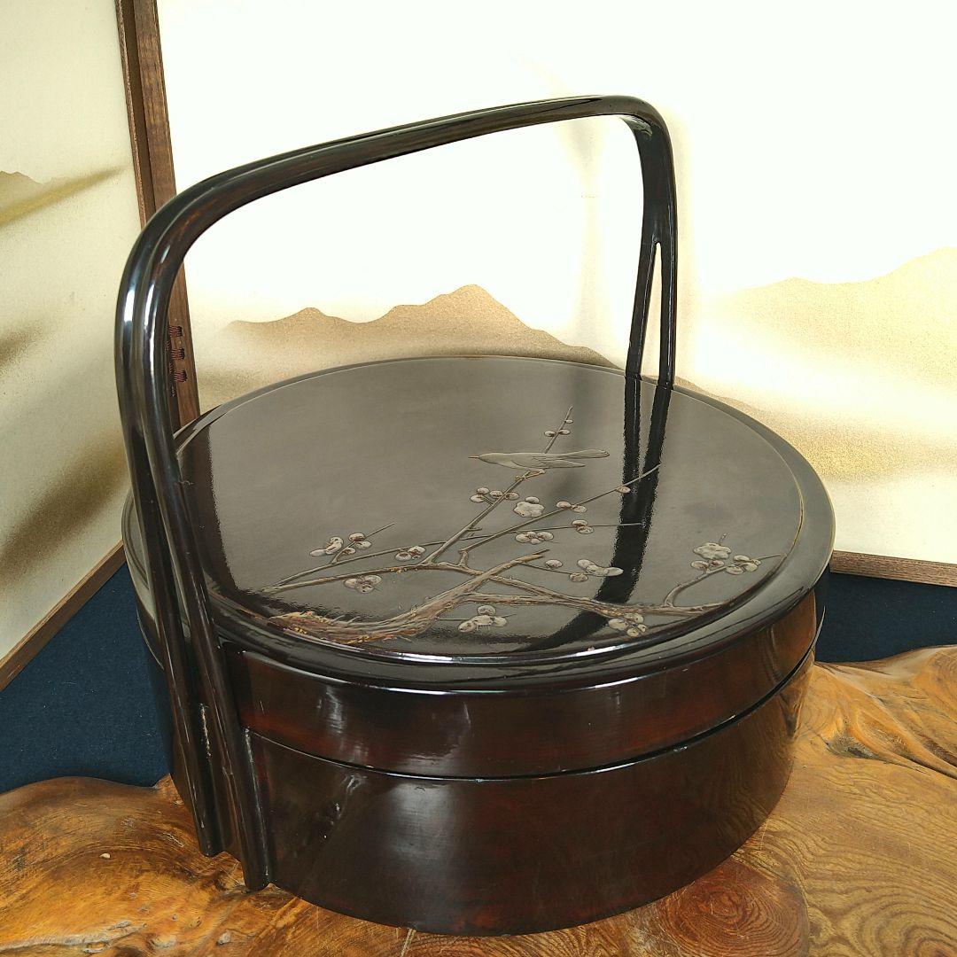 AC74 茶櫃 手付茶びつ 春図 漆絵 梅 うぐいす木製漆 アンティーク 木