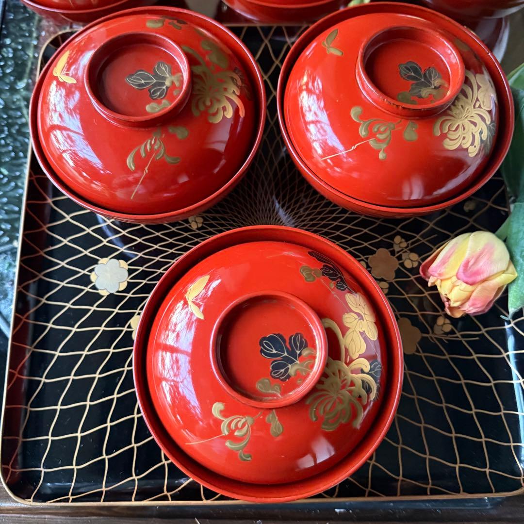 A様へ感謝お嫁入り‼️JAPAN 菊と蝶吉兆‼️朱色❌GOLD菊と蝶　吸物椀10客