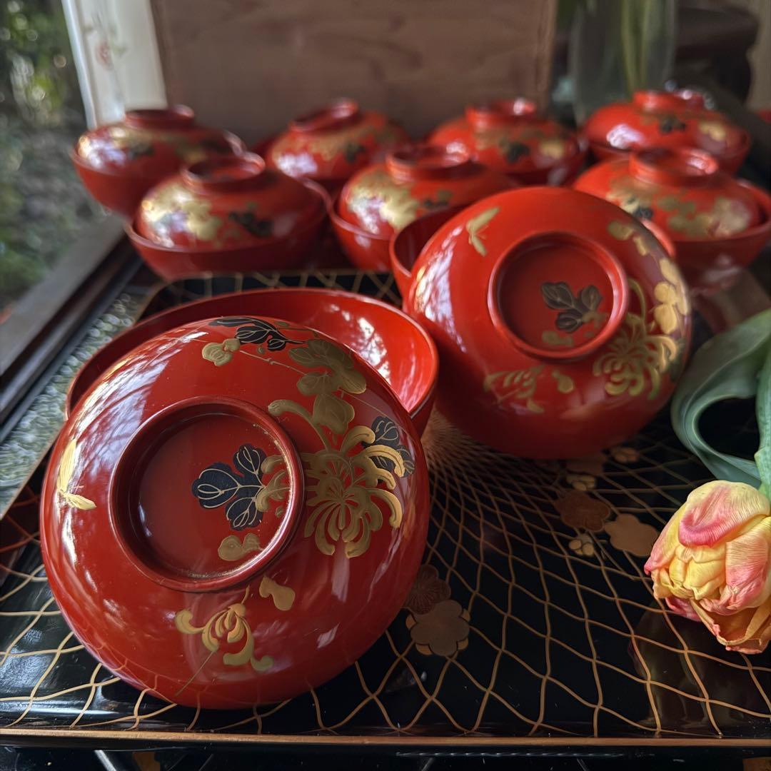 A様へ感謝お嫁入り‼️JAPAN 菊と蝶吉兆‼️朱色❌GOLD菊と蝶　吸物椀10客