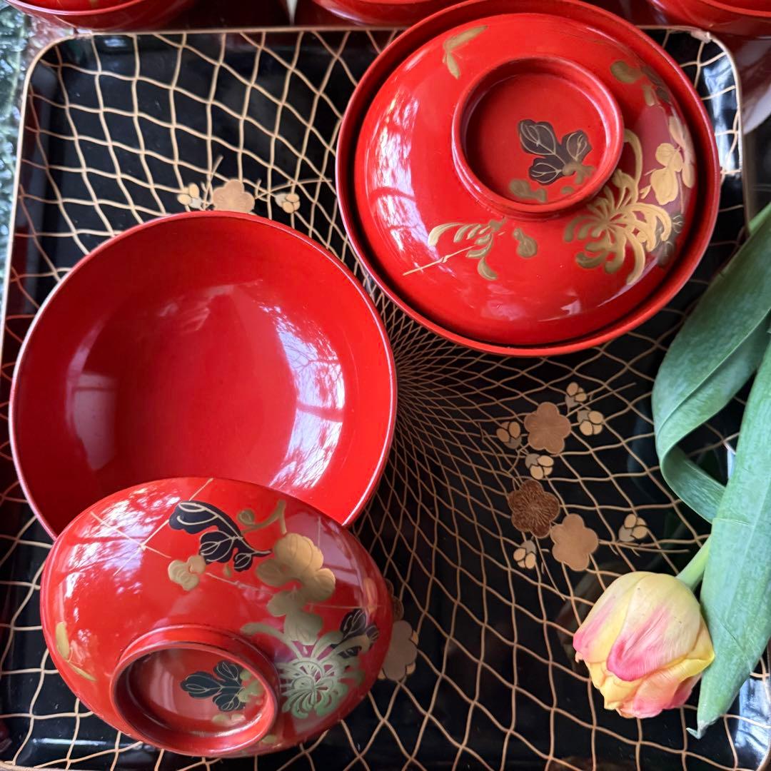 A様へ感謝お嫁入り‼️JAPAN 菊と蝶吉兆‼️朱色❌GOLD菊と蝶　吸物椀10客