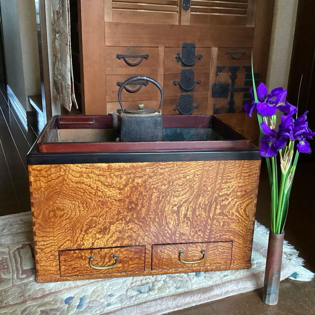 江戸火鉢　アンティーク　火鉢　時代物　欅　玉杢　黒柿　稀少杢 江戸火鉢 長火鉢 関東火鉢 欅 玉杢 銘木 （特注五徳付） - メルカリ