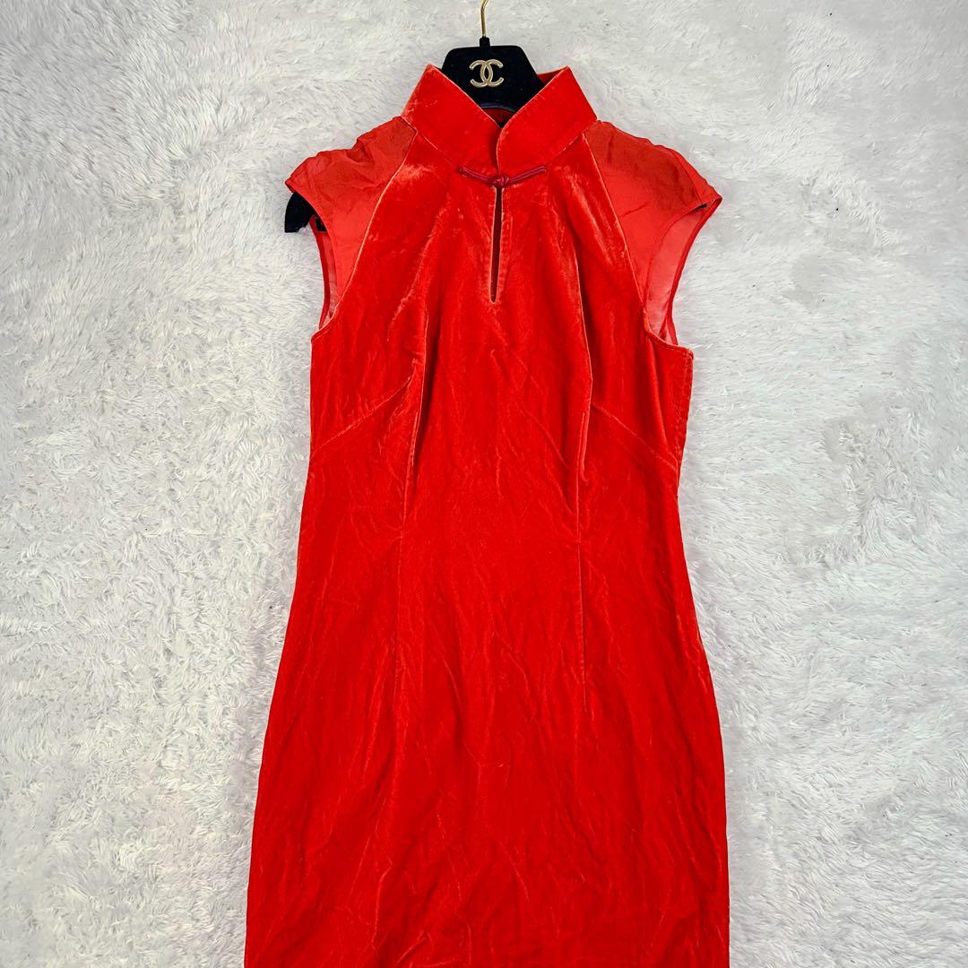 シャンハイタン　30周年記念　ロングワンピース　ベロア　チャイナドレス　赤　S