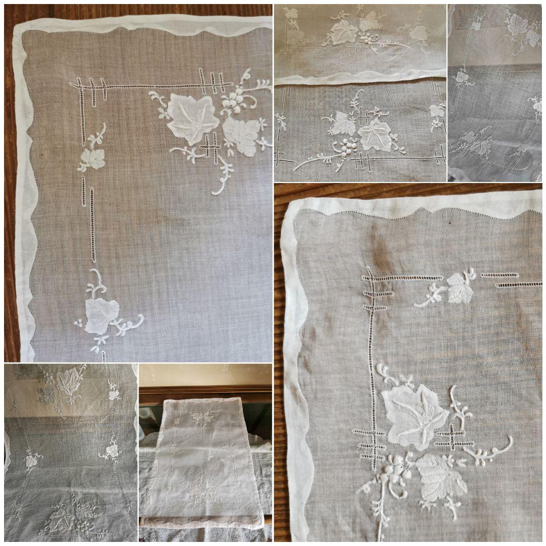 アンティークマーガブ オーガンジーレースクロス葡萄刺繍 ポルトガル