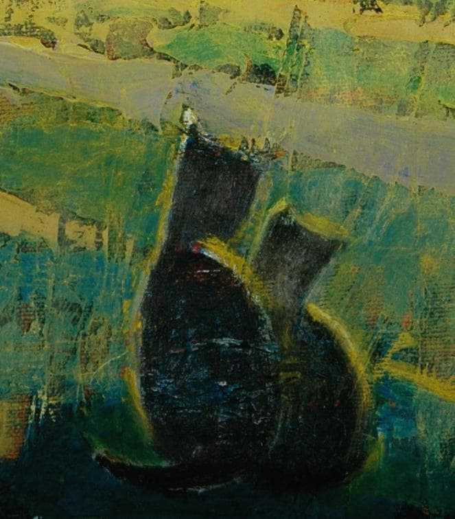 油絵 菅家令子 絵 絵画インテリア額付(白) uF6-070919夕朝陽 猫親子