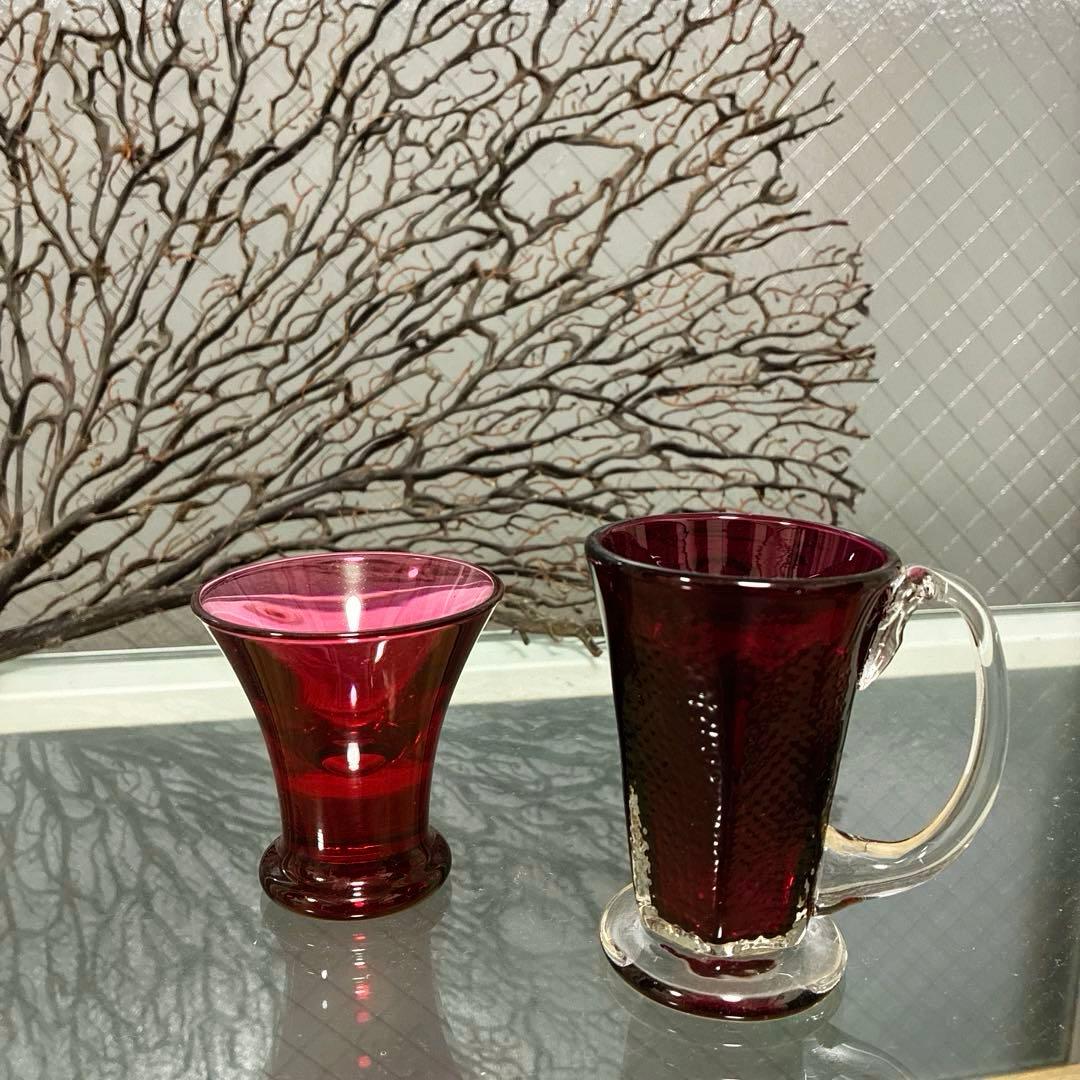 骨董 時代 希少金赤ガラス 取手付き プレス調 アイスクリームコップ