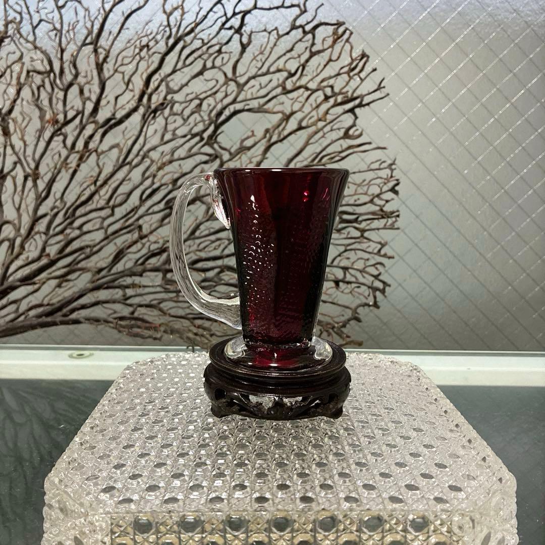 骨董 時代 希少金赤ガラス 取手付き プレス調 アイスクリームコップ