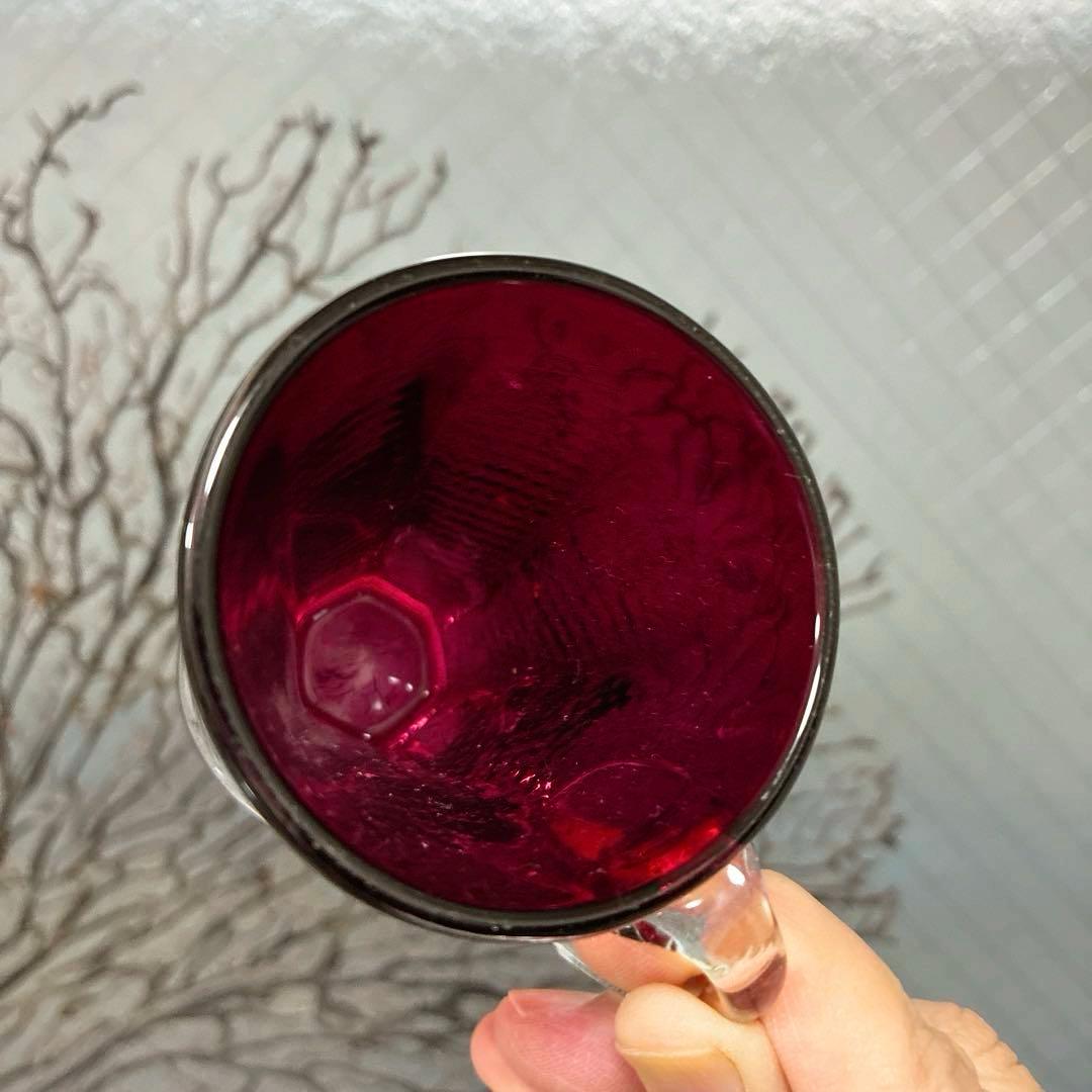 骨董 時代 希少金赤ガラス 取手付き プレス調 アイスクリームコップ