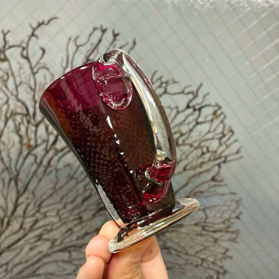 骨董 時代 希少金赤ガラス 取手付き プレス調 アイスクリームコップ