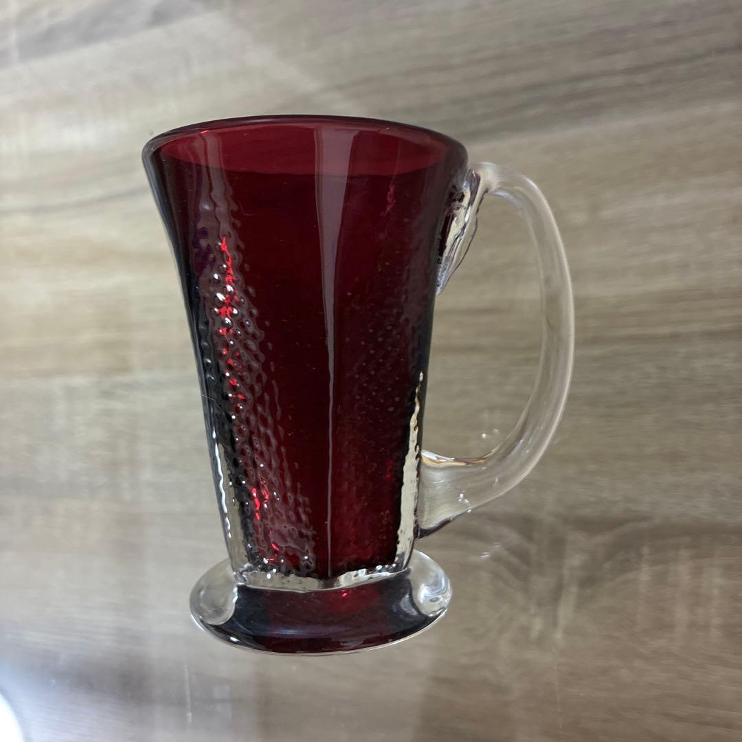 骨董 時代 希少金赤ガラス 取手付き プレス調 アイスクリームコップ