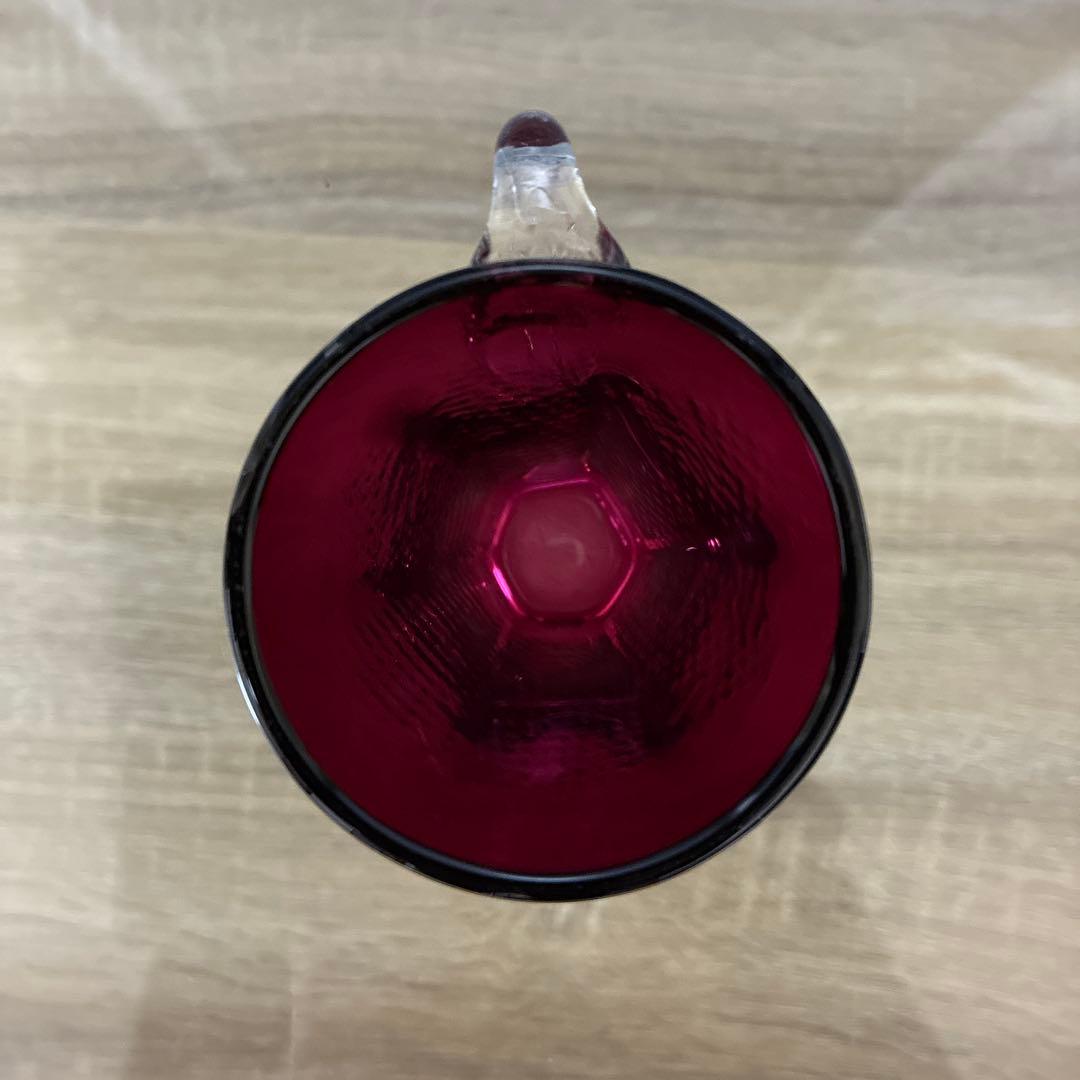 骨董 時代 希少金赤ガラス 取手付き プレス調 アイスクリームコップ