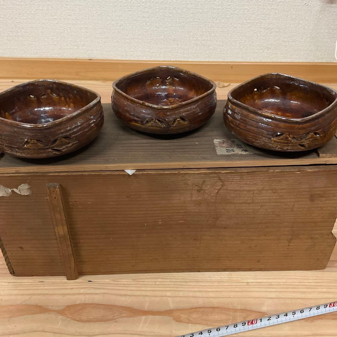 6代大樋長左衛 飴釉四方七宝透かし向付 5客揃え