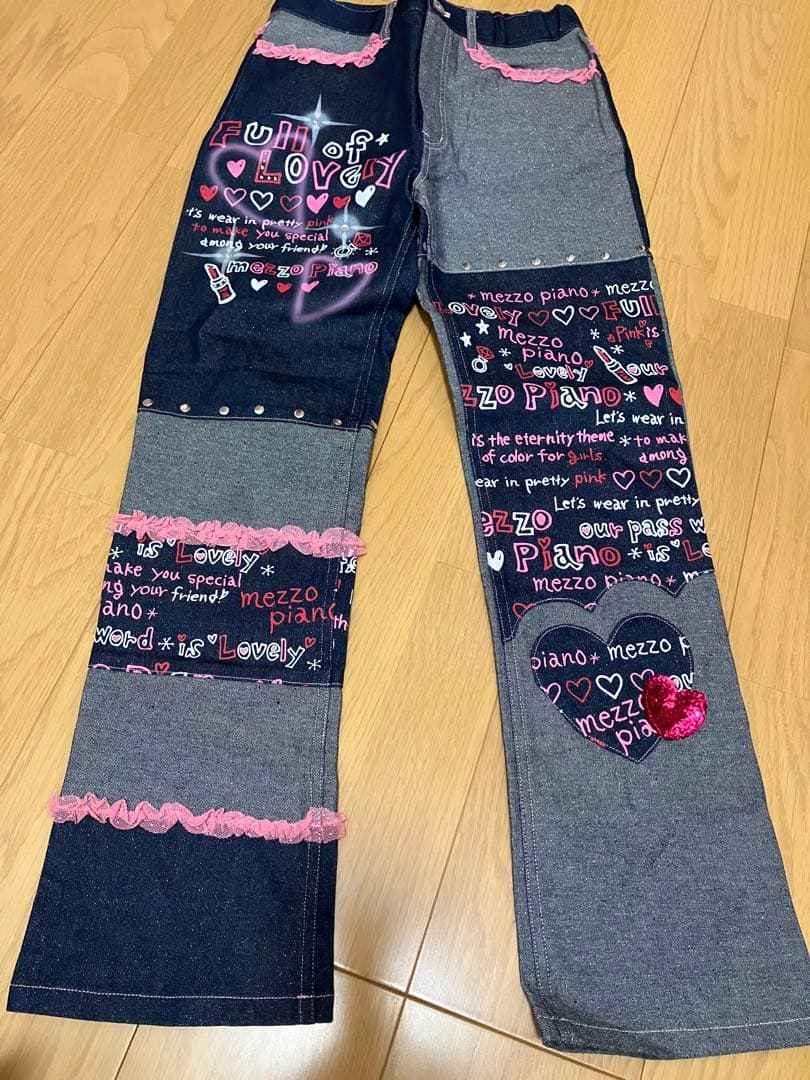 レア❗️メゾピアノ　デニム 復刻♪ デコラティブワイドデニムパンツ(S(キッズ140cm) 黒): ジュニア