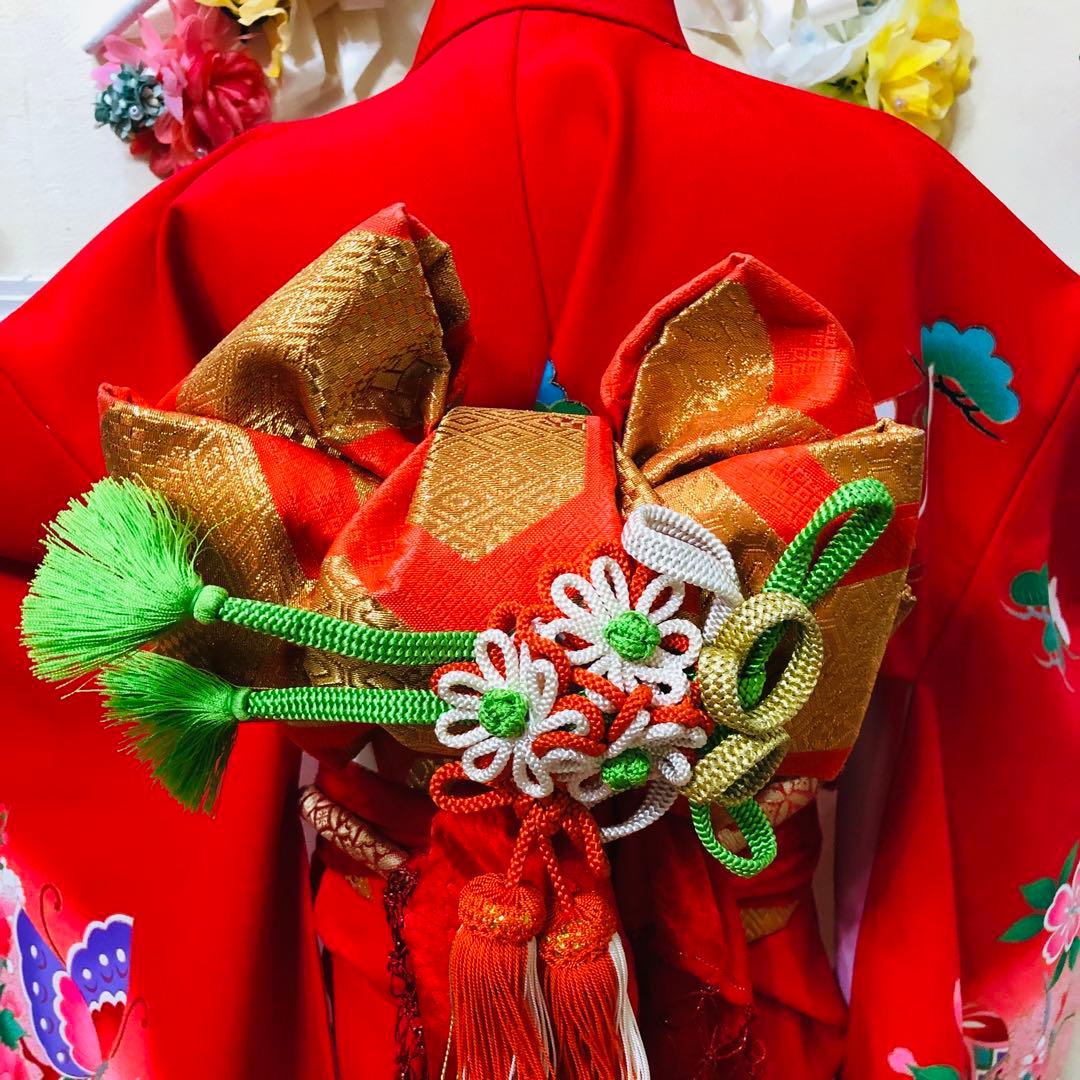 七五三七歳❣️豪華赤地手毬御所車花々金彩⭐︎作り帯楽々⭐︎完全フルセット銘品