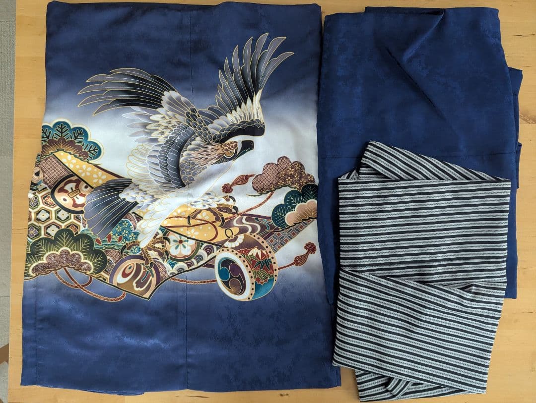 七五三 男の子 5歳 KYOETSU 着物 紺色 鷹太鼓の羽織と帯セット