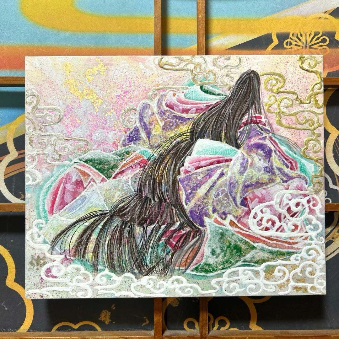 吉祥日本画 「桜敷く夢うつつ」　幸福の童子姫