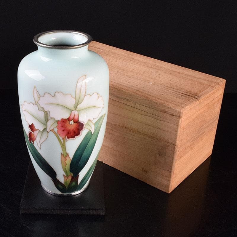 七宝焼 安藤七宝店 花文 花瓶 唐木台 時代箱付 M R9165