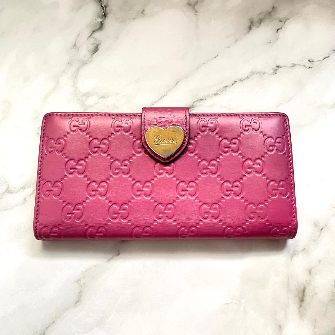 GUCCI グッチ ラブリーハート シマレザー ピンク 長財布 0123-③