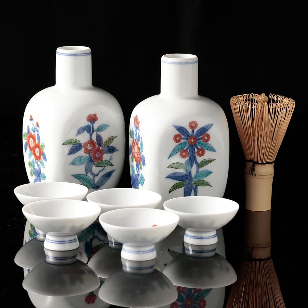 人間国宝 十三代今泉今右衛門 錦花画酒器 徳利 盃五客 共箱 黄布 栞 色